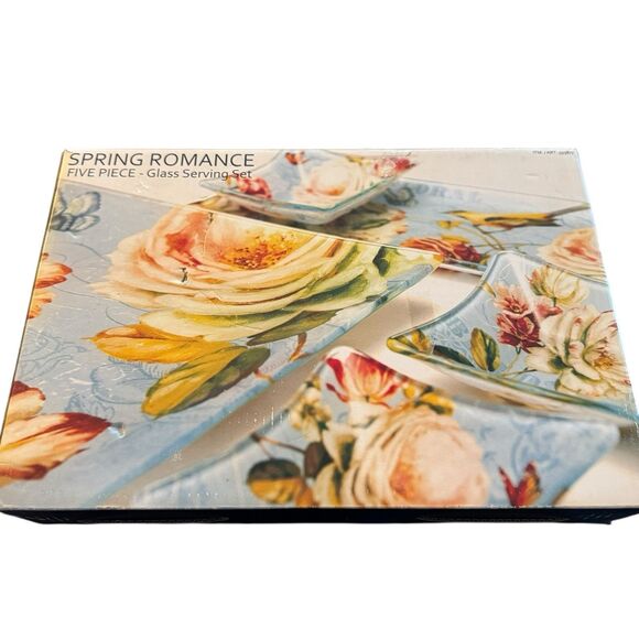 NEW Spring Romance 5-Piece Glass Serving Set Blue Floral Platters Bowls - Picture 4 of 11